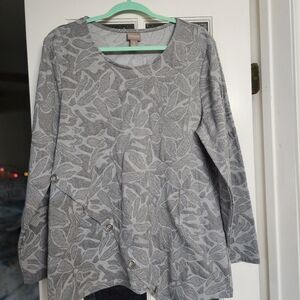 Chico's Gray Leaf Pattern Blouse with Button Detail